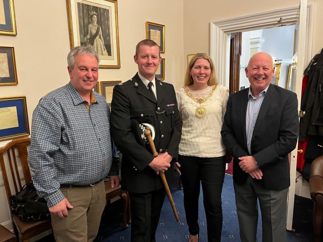 Alan McClune,  Supt John Phillips and Benny Knight from Ballymoney Council meeting the Lord Mayoress